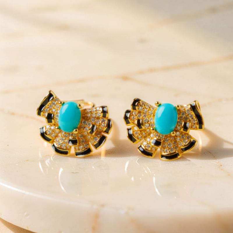 Boucles d'Oreilles Turquoise – Coquillage Maritime, Argent Plaqué Or