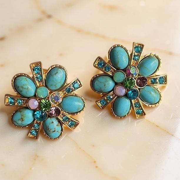 Boucles d'Oreilles Turquoise – Fleur Éternelle, Argent Plaqué Or