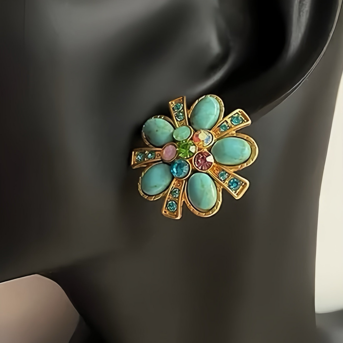 Boucles d'Oreilles Turquoise – Fleur Éternelle, Argent Plaqué Or