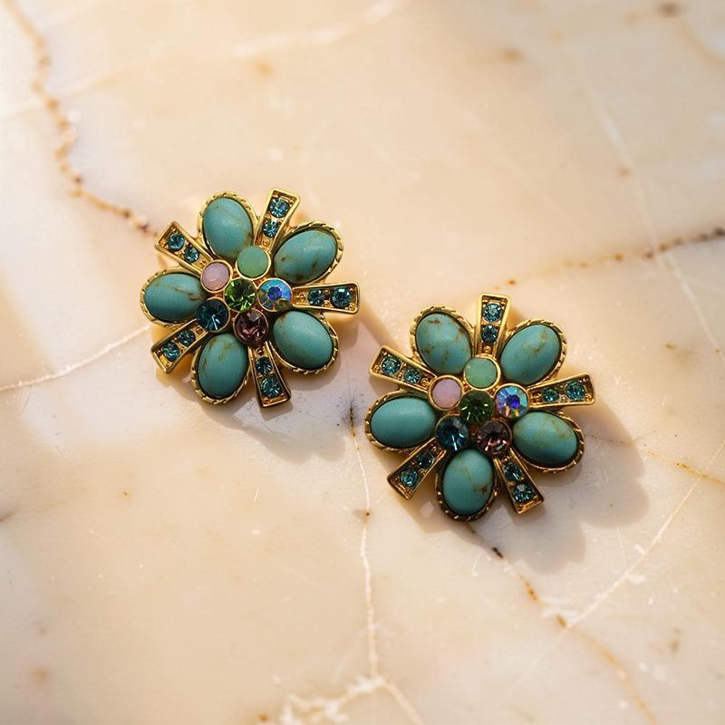 Boucles d'Oreilles Turquoise – Fleur Éternelle, Argent Plaqué Or