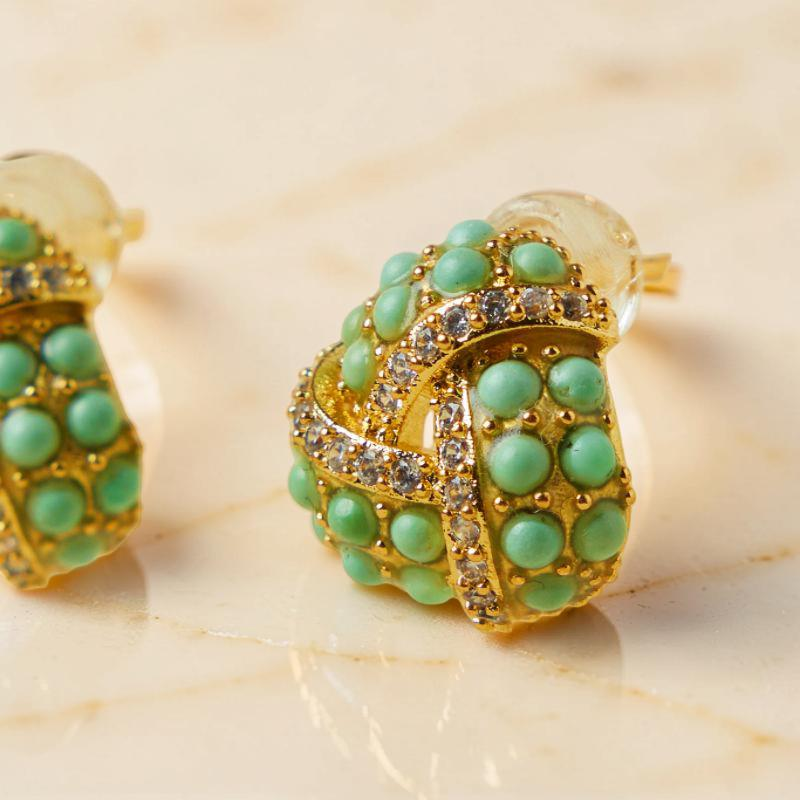 Boucles d'Oreilles Turquoise – Triangle Torsade, Argent Plaqué Or