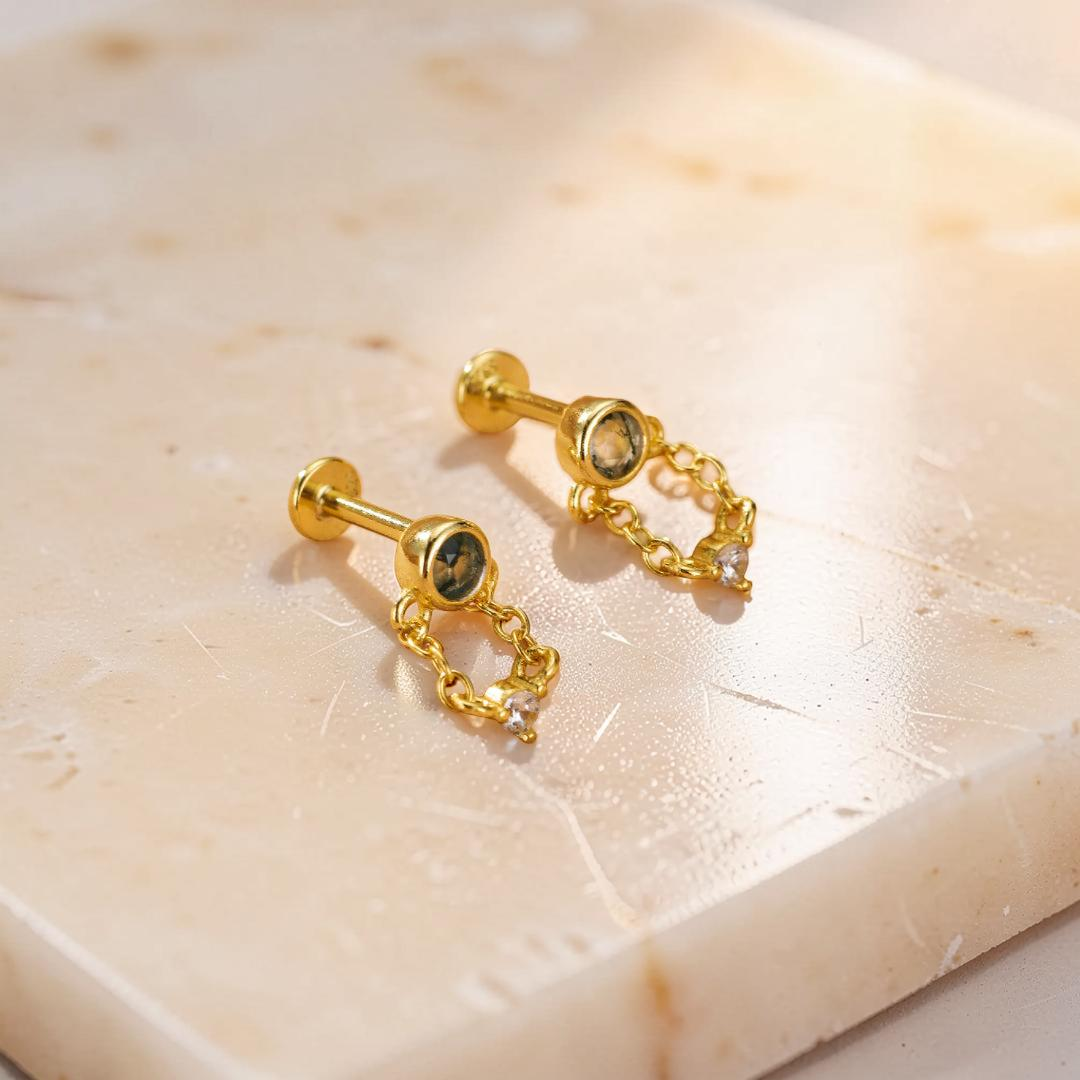 Boucles d’Oreille Agate Mousse – Chaîne Élémentaire, Argent Plaqué Or