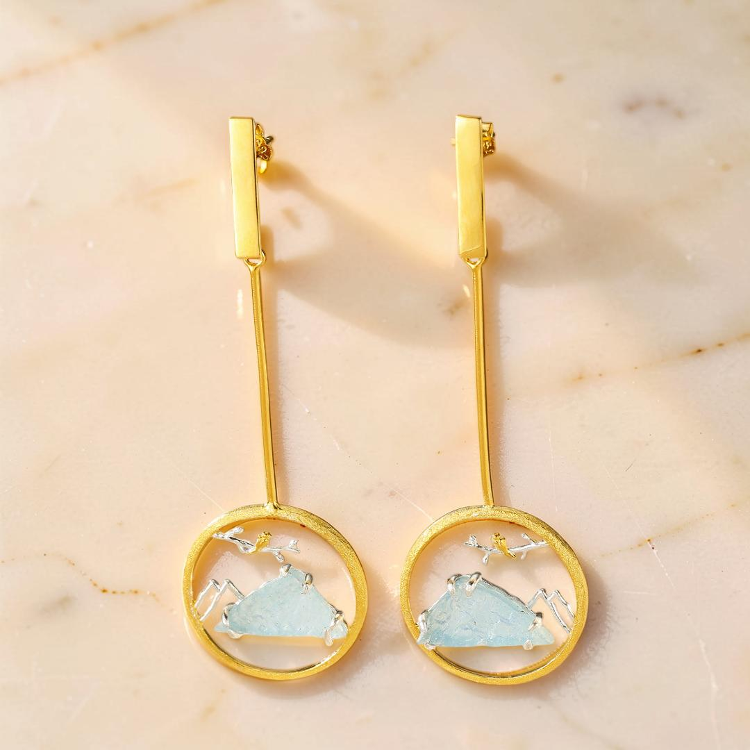 Boucles d'Oreilles Aigue Marine – Petit Oiseau, Argent Plaqué Or