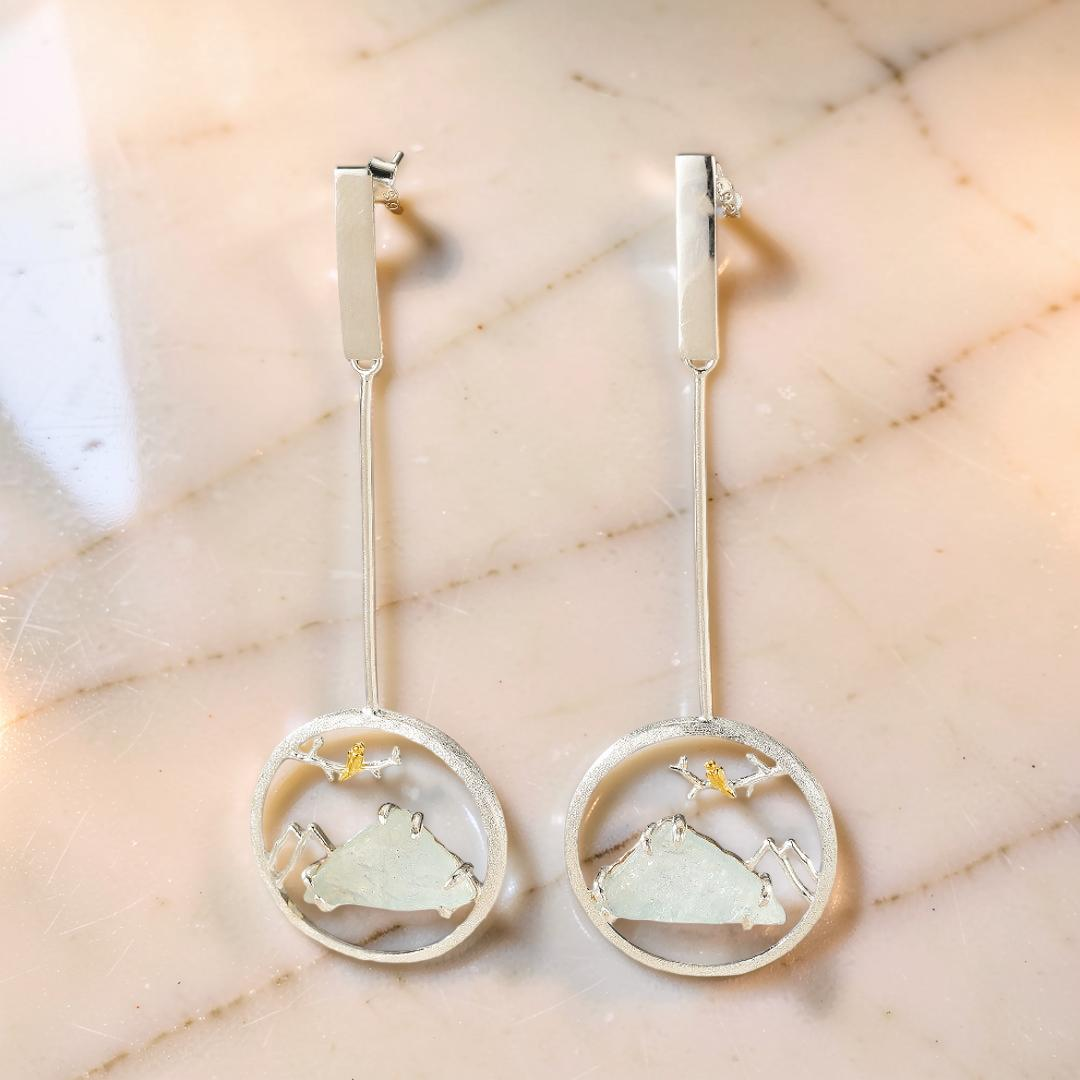 Boucles d'Oreilles Aigue Marine – Petit Oiseau, Argent Plaqué Or