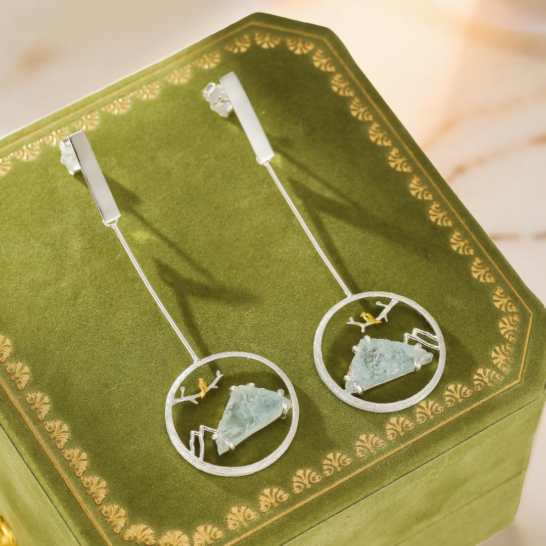Boucles d'Oreilles Aigue Marine – Petit Oiseau, Argent Plaqué Or