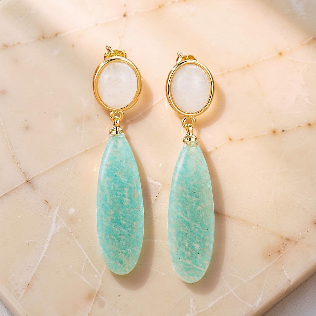 Boucles d’Oreilles Amazonite et Pierre de Lune – Élégance Nocturne