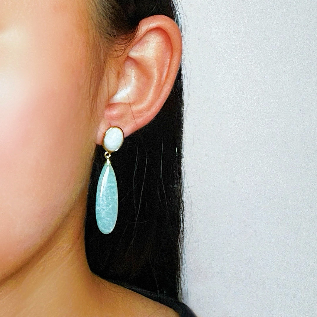 Boucles d’Oreilles Amazonite et Pierre de Lune – Élégance Nocturne
