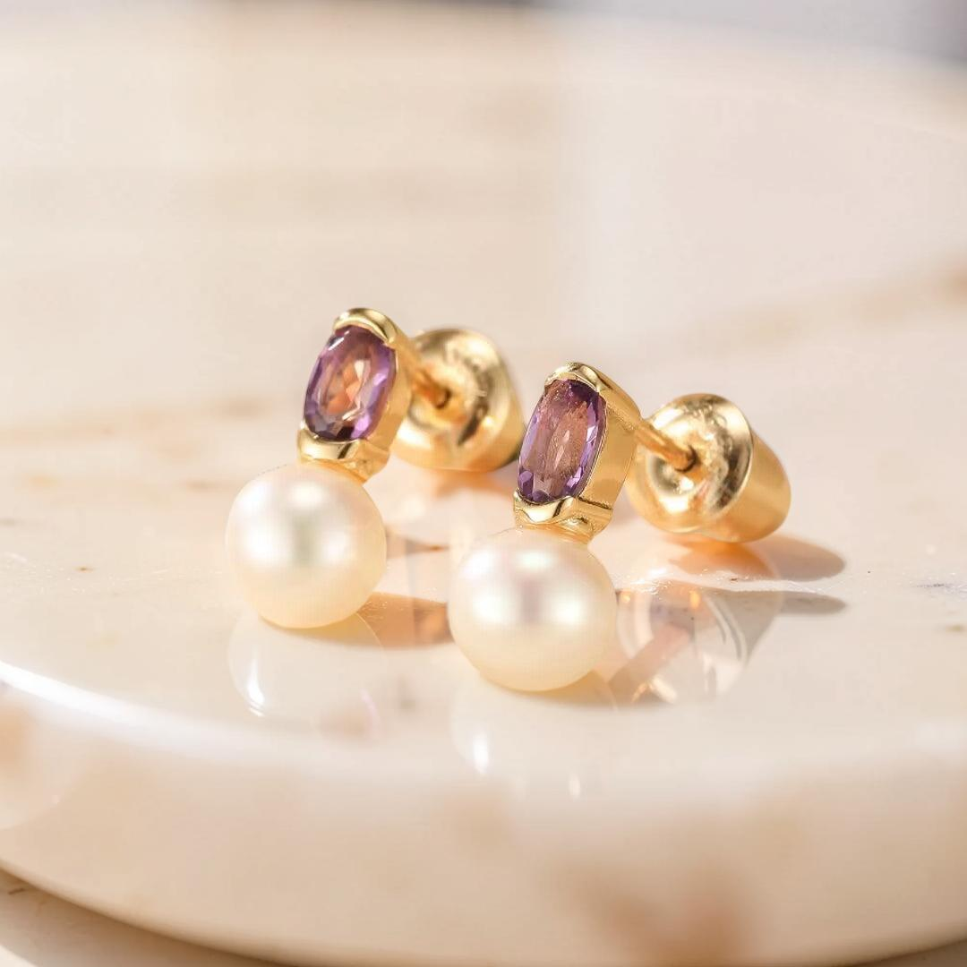 Boucles d’Oreilles Améthyste et Perle – Pure Grâce, Argent Plaqué Or