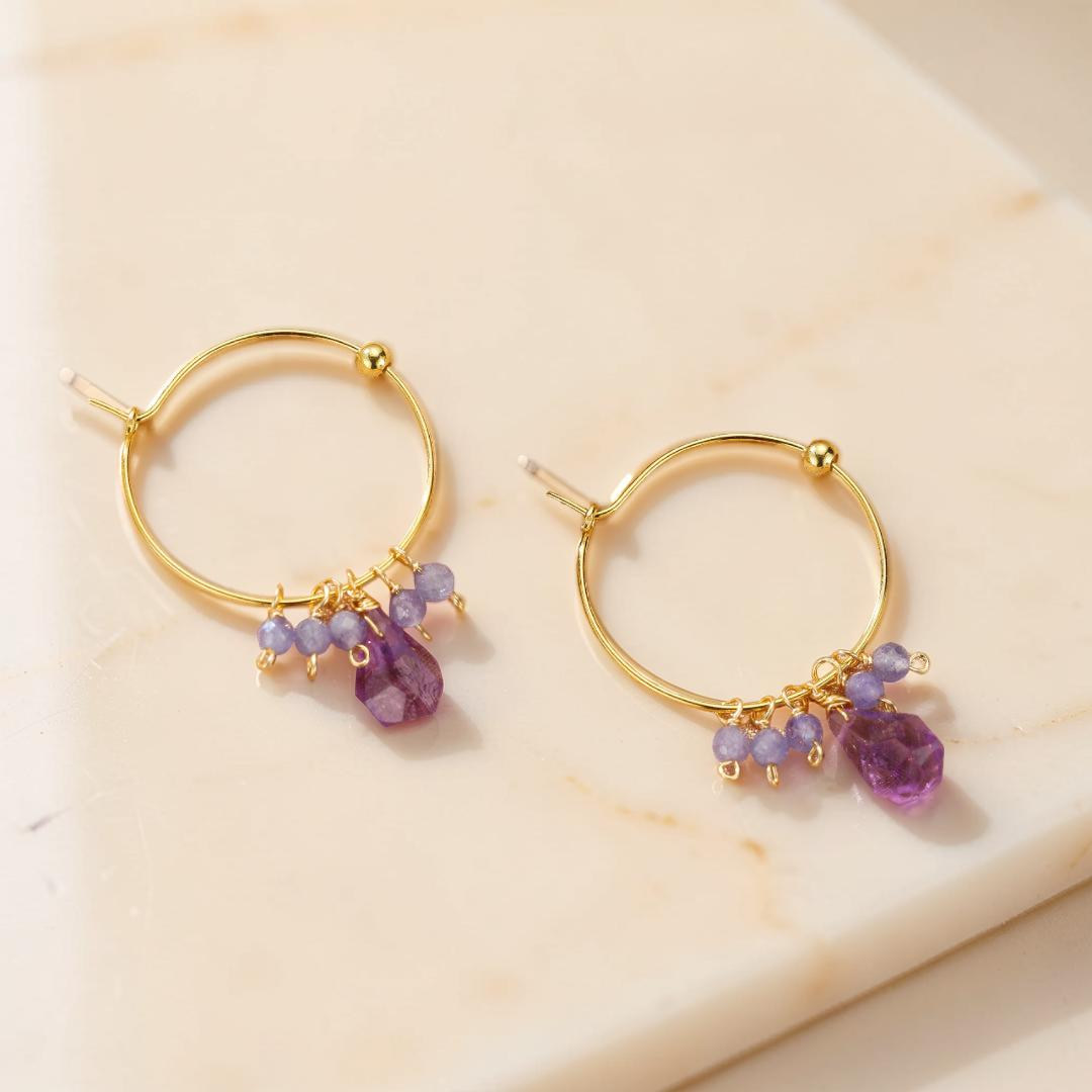 Boucles d’oreilles Améthyste et Tanzanite – Aurore Bohème, Argent Plaqué Or