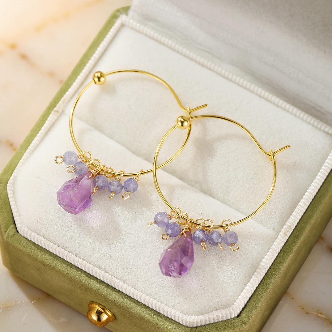 Boucles d’oreilles Améthyste et Tanzanite – Aurore Bohème, Argent Plaqué Or
