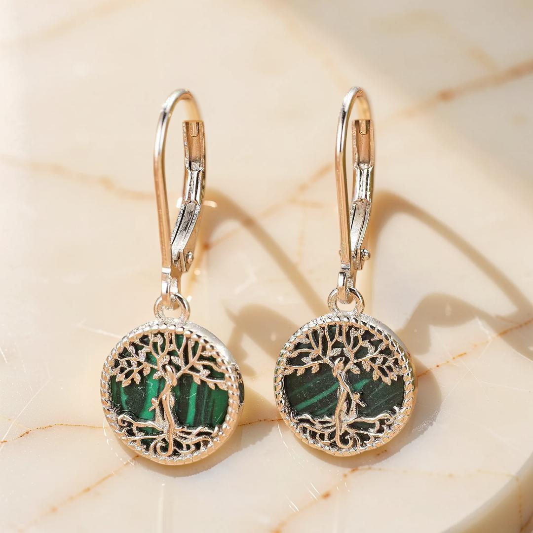 Boucles d’oreilles Arbre de Vie Malachite – Racines Sacrées, Argent