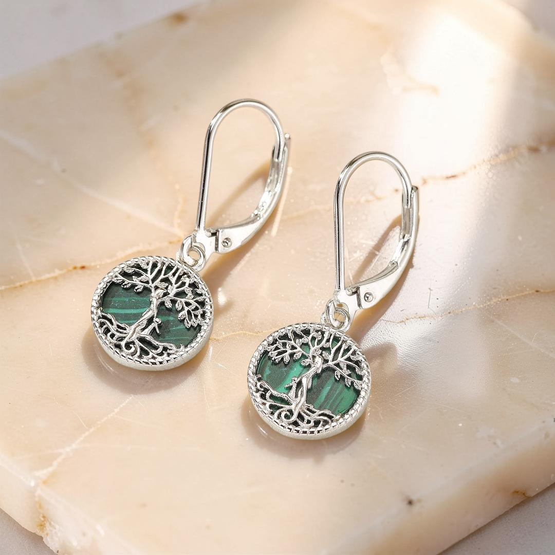 Boucles d’oreilles Arbre de Vie Malachite – Racines Sacrées, Argent