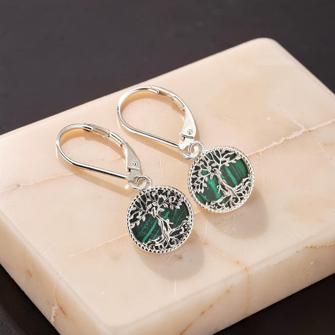 Boucles d’oreilles Arbre de Vie Malachite – Racines Sacrées, Argent