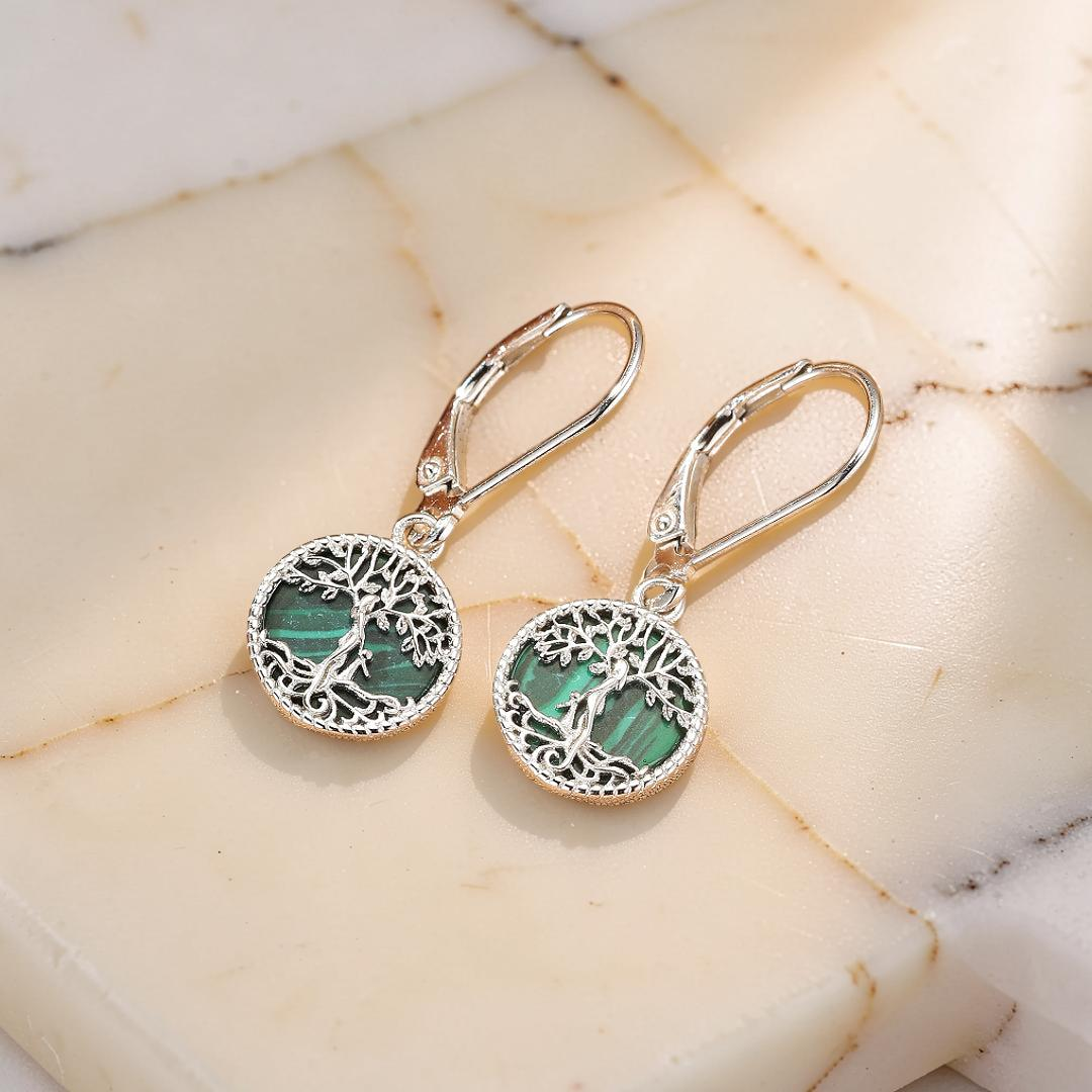 Boucles d’oreilles Arbre de Vie Malachite – Racines Sacrées, Argent