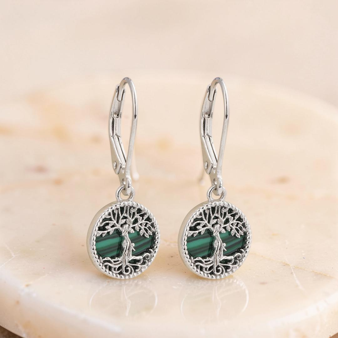 Boucles d’oreilles Arbre de Vie Malachite – Racines Sacrées, Argent