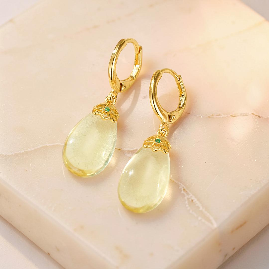 Boucles d’oreilles Citrine – Goutte de Soleil, Argent Plaqué Or