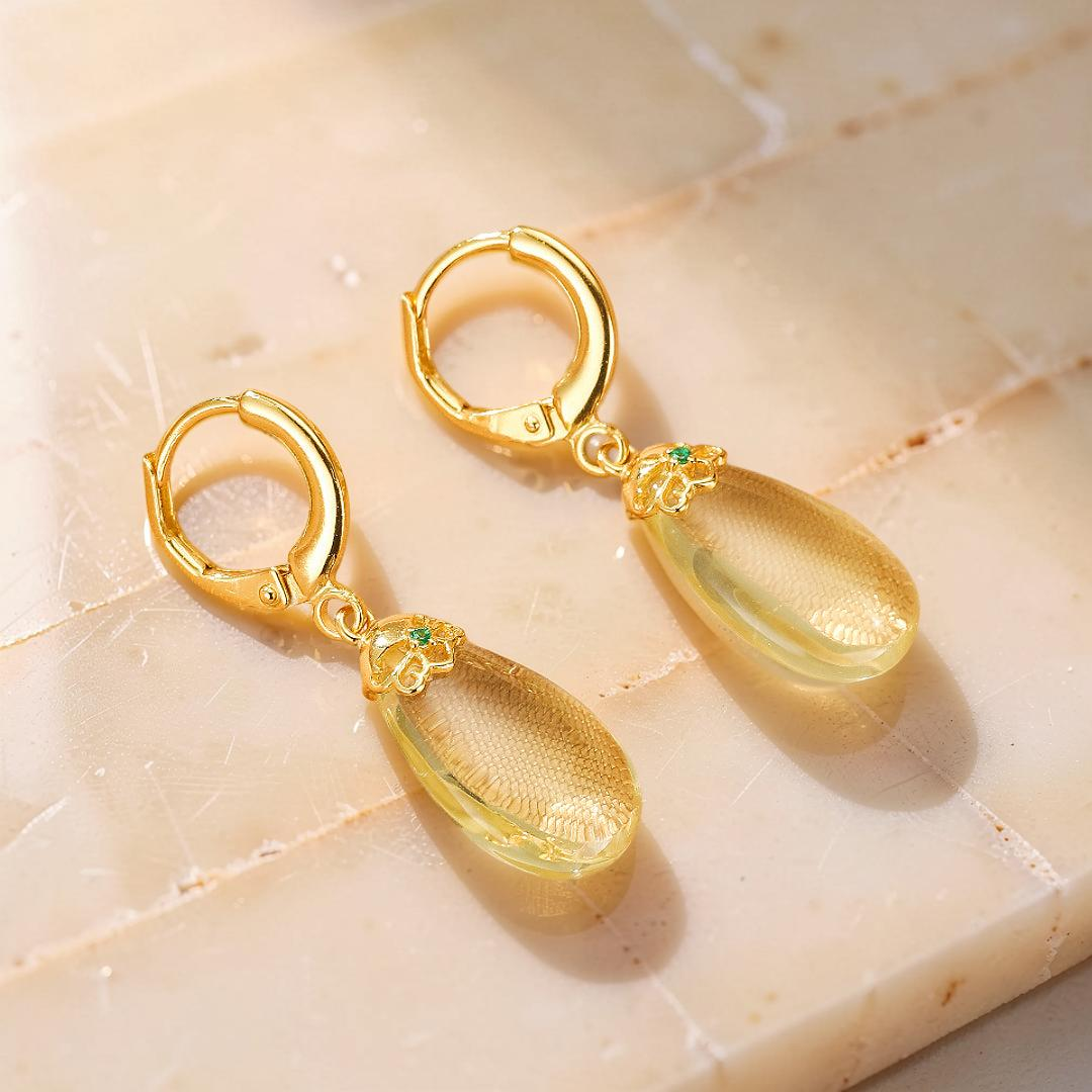 Boucles d’oreilles Citrine – Goutte de Soleil, Argent Plaqué Or