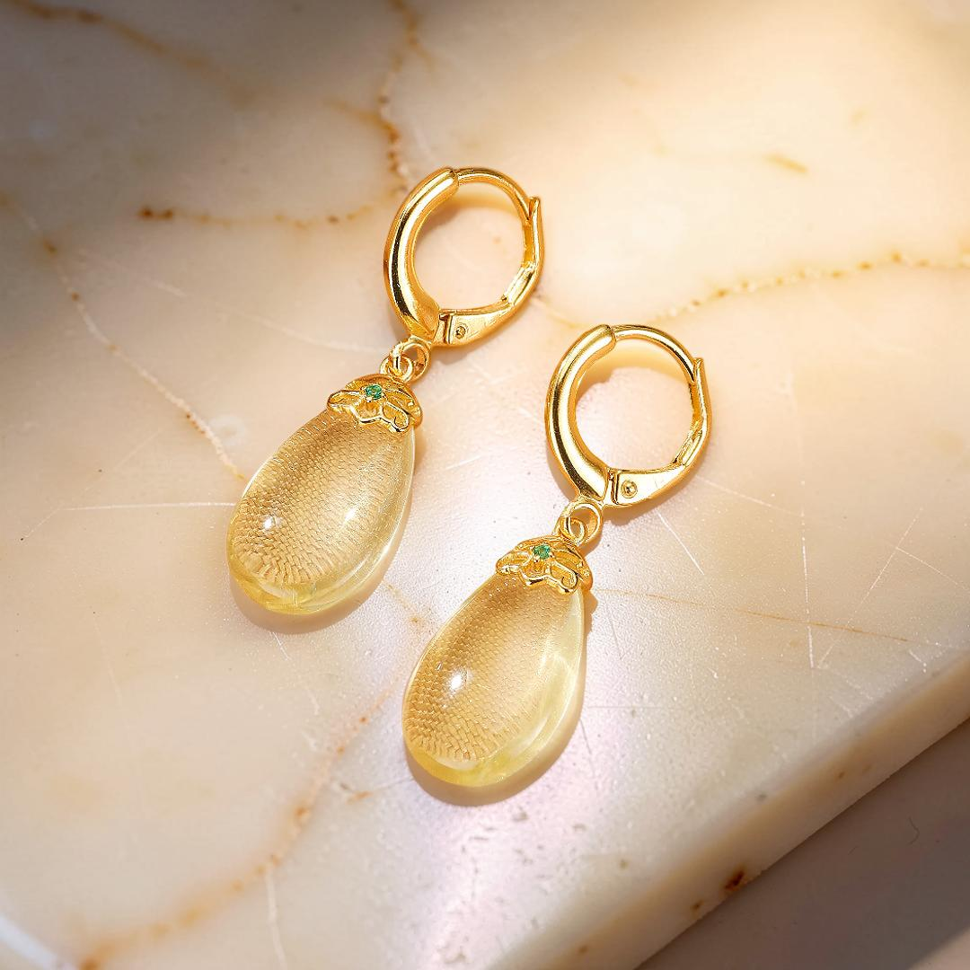 Boucles d’oreilles Citrine – Goutte de Soleil, Argent Plaqué Or