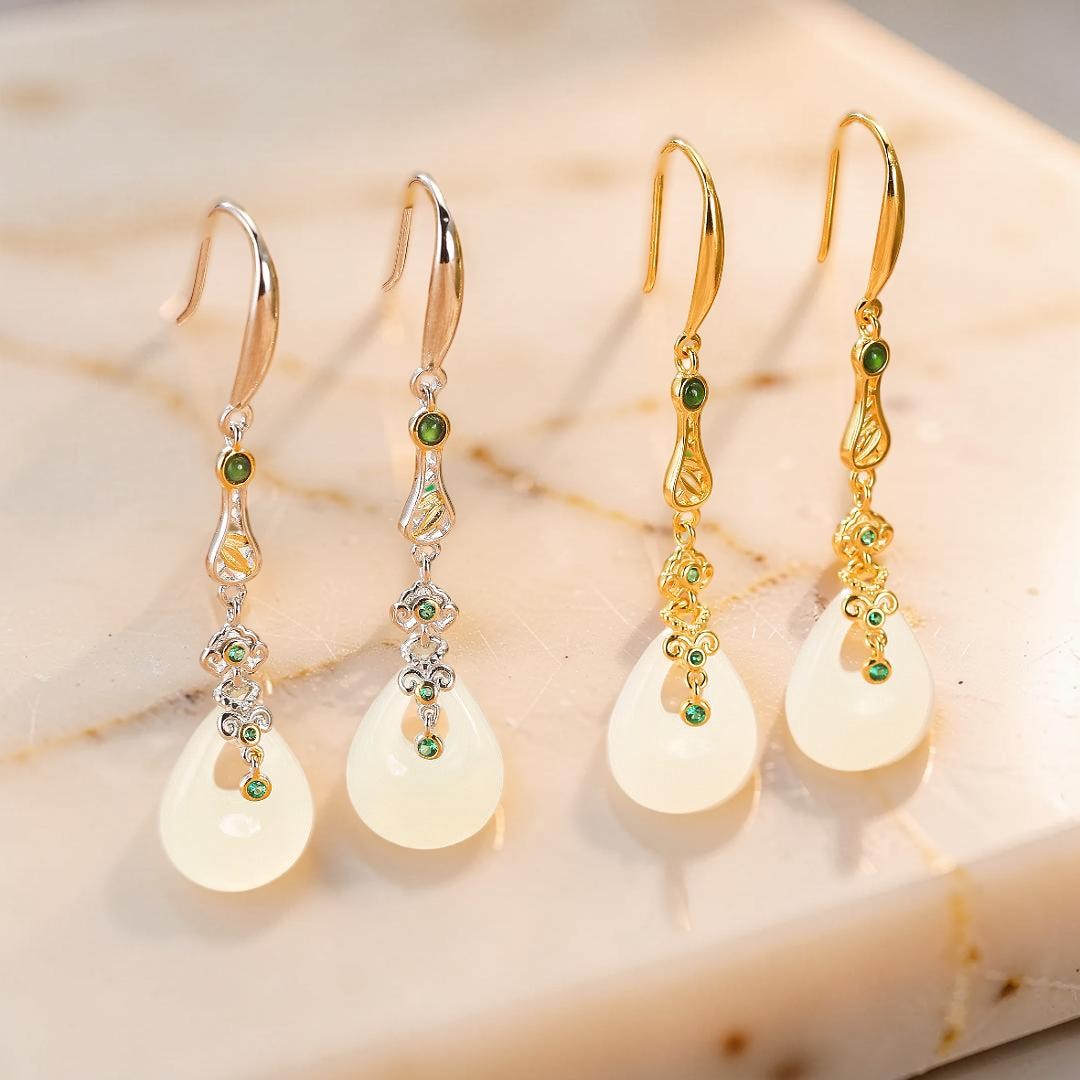 Boucles d’Oreilles Pendantes Jade – Gloire Impériale, Argent Plaqué Or