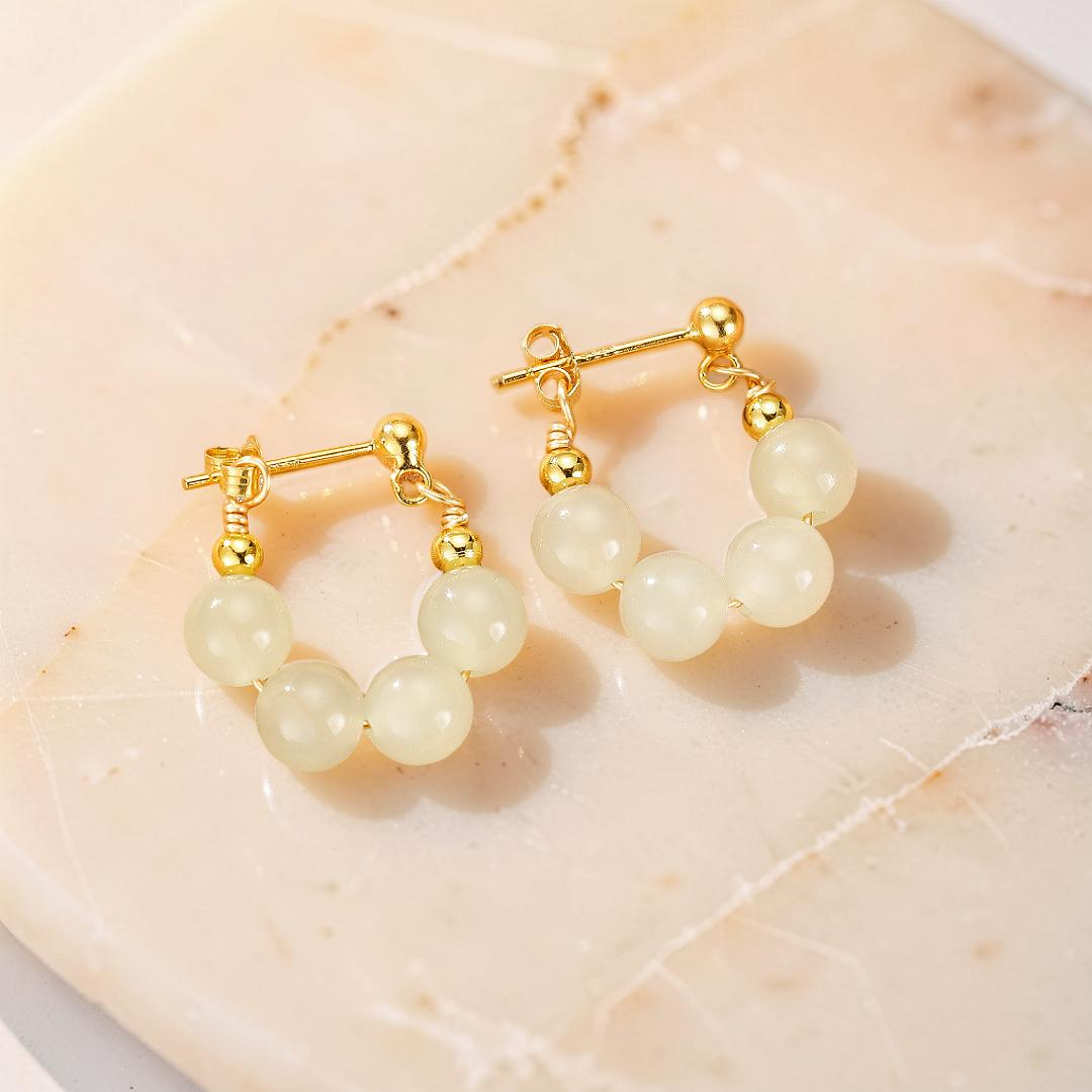 Boucles d’Oreilles Créoles Jade – Sérénité Courbée, Argent