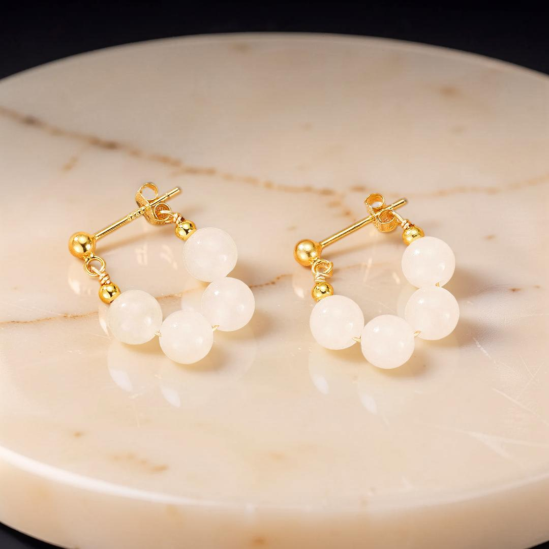 Boucles d’Oreilles Créoles Jade – Sérénité Courbée, Argent