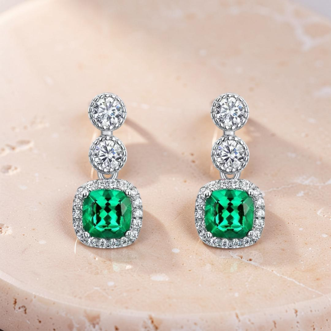 Boucles d’Oreilles Émeraude – Reflets Précieux, Argent Plaqué Platine