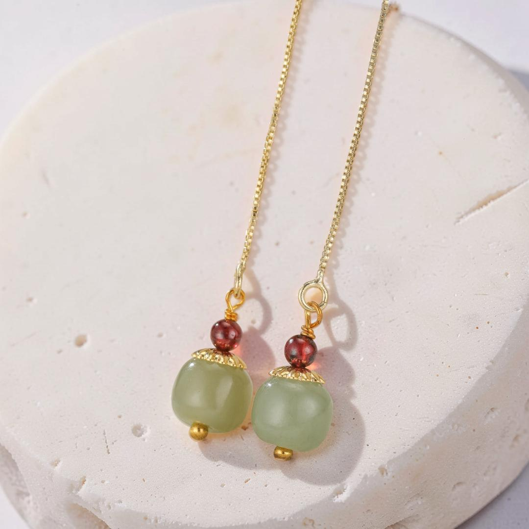 Boucles d’Oreilles Jade et Agate – Fruit, Argent Plaqué Or