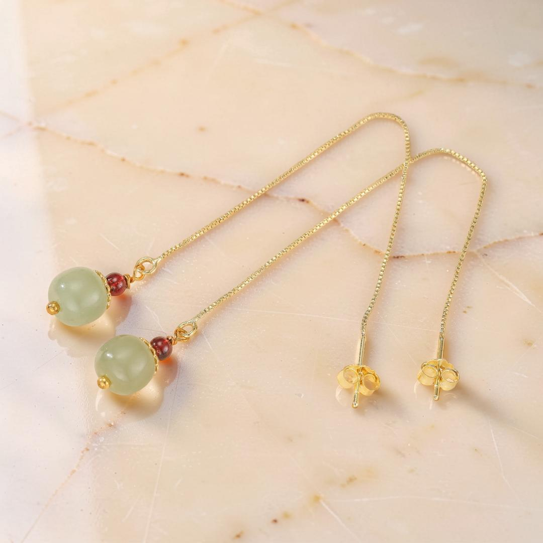 Boucles d’Oreilles Jade et Agate – Fruit, Argent Plaqué Or