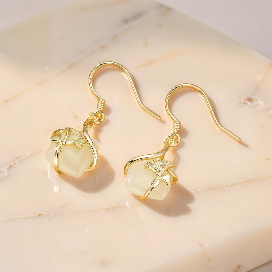 Boucles d'Oreilles Jade – Éveil du Cœur, Argent Plaqué Or