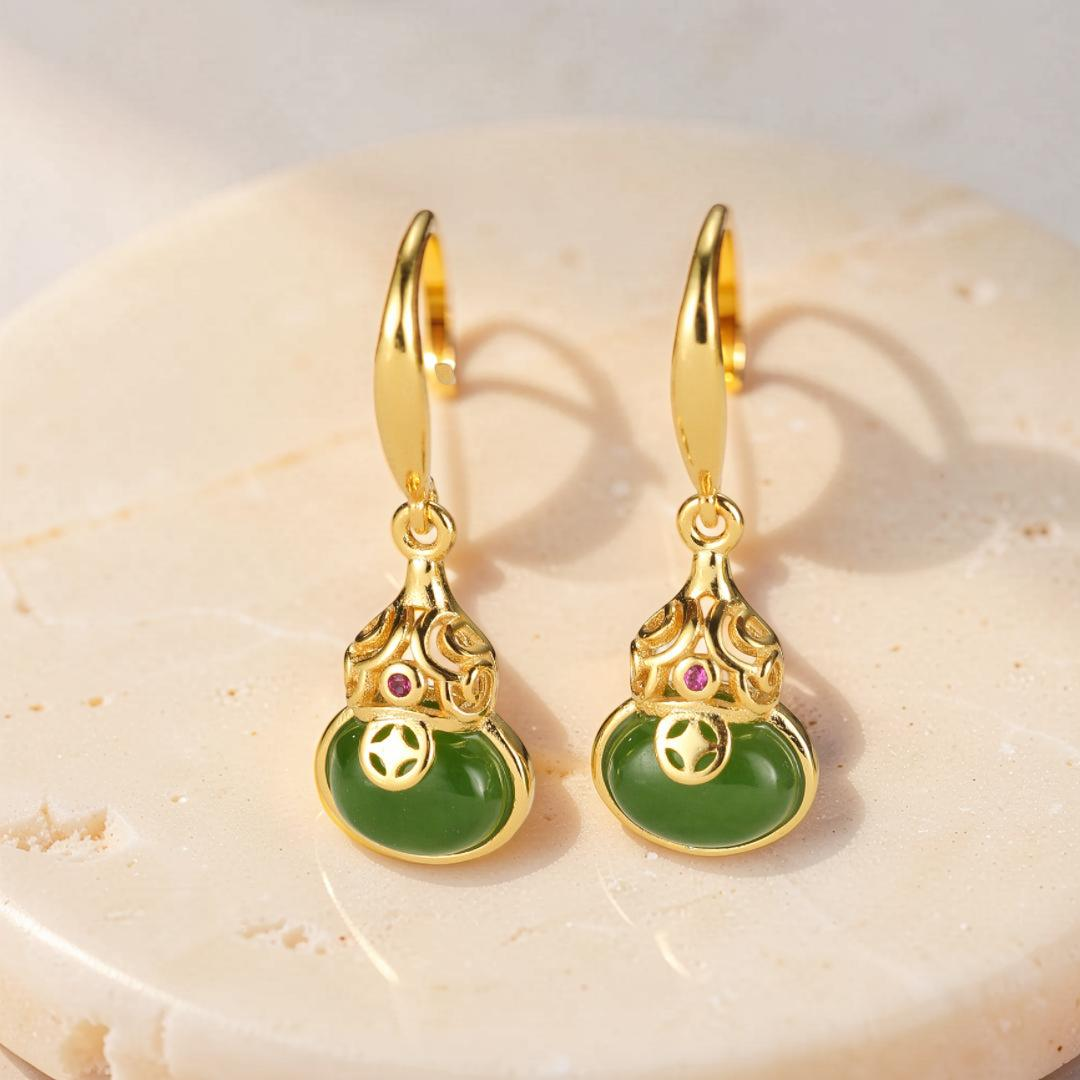 Boucles d’Oreilles Jade – Rayons de Sagesse, Argent Plaqué Or