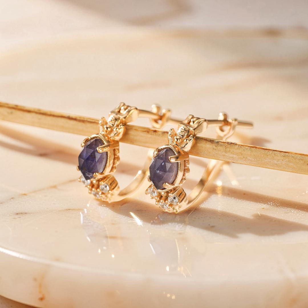 Boucles d'Oreilles Labradorite et Cordiérite – Apaisement, Argent Plaqué Or