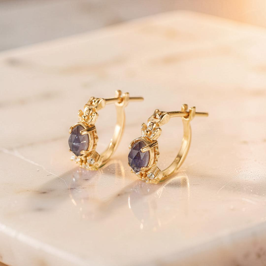 Boucles d'Oreilles Labradorite et Cordiérite – Apaisement, Argent Plaqué Or