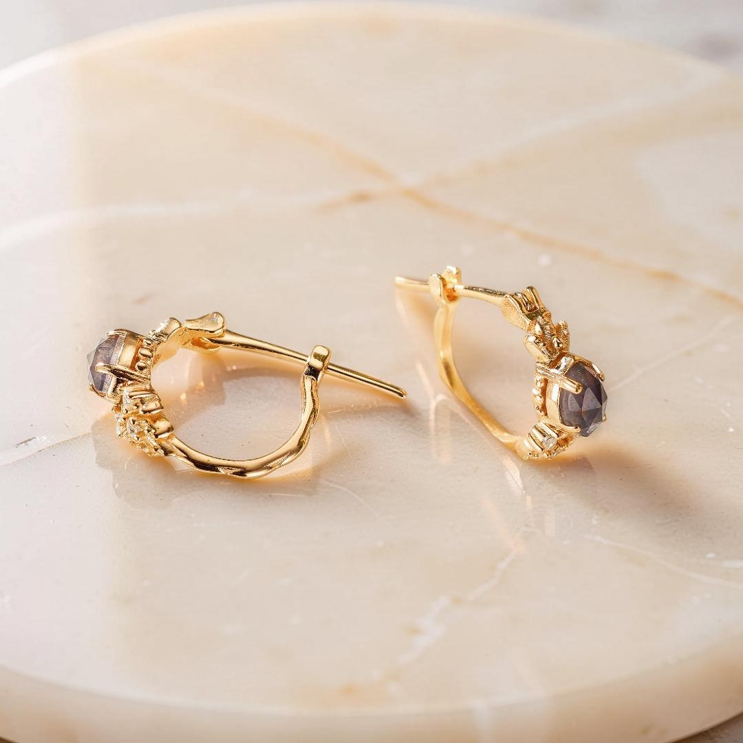 Boucles d'Oreilles Labradorite et Cordiérite – Apaisement, Argent Plaqué Or