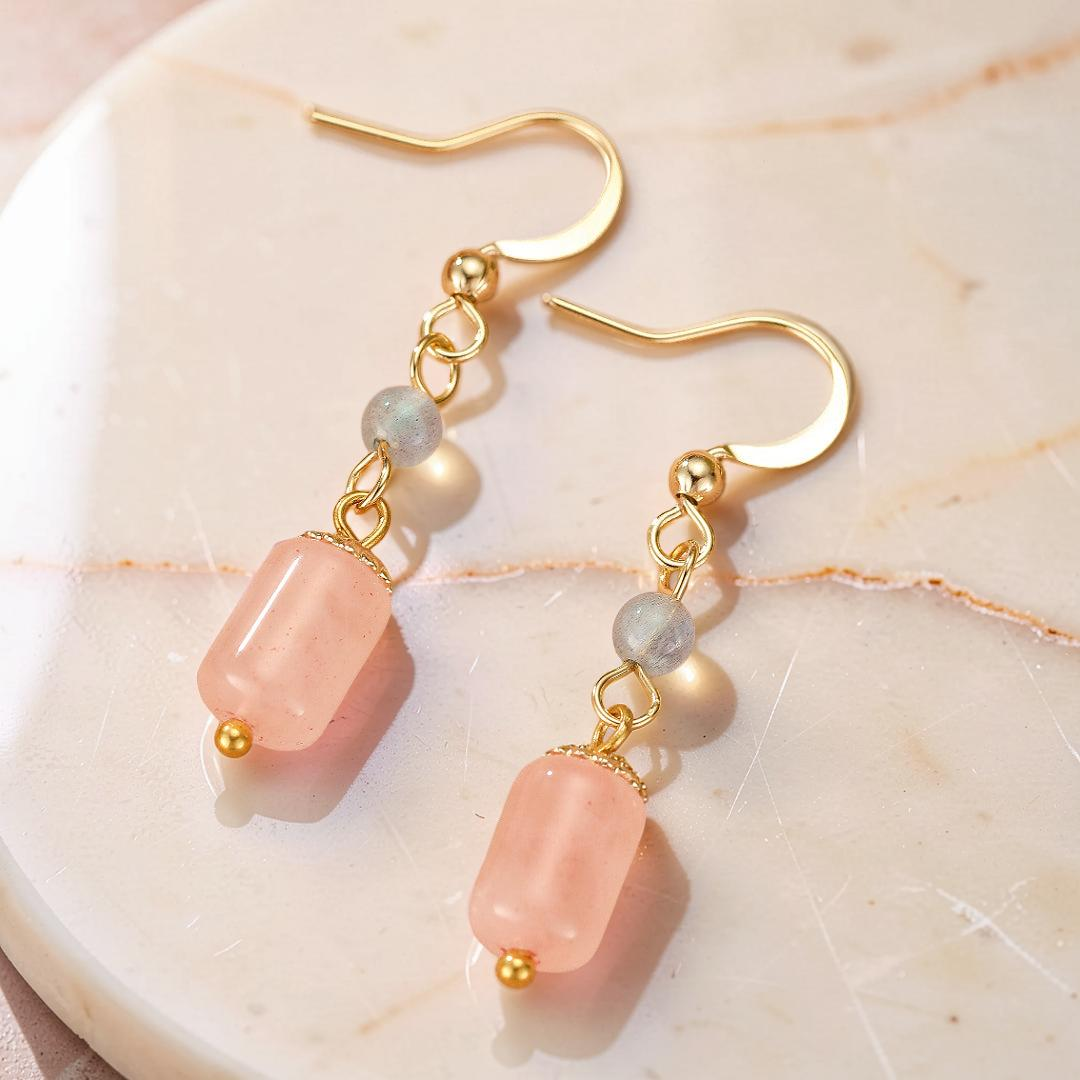 Boucles d’Oreilles Labradorite et Quartz Rose – Douceur d’Éclat