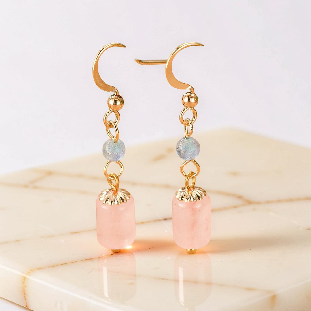 Boucles d’Oreilles Labradorite et Quartz Rose – Douceur d’Éclat