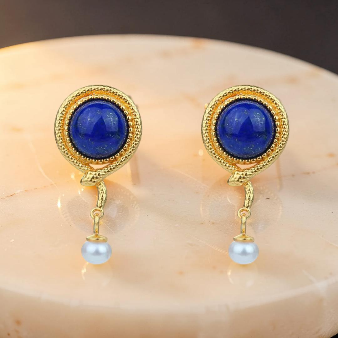 Boucles d’Oreilles Lapis Lazuli Serpent – Perle Lumineuse, Argent Plaqué Or
