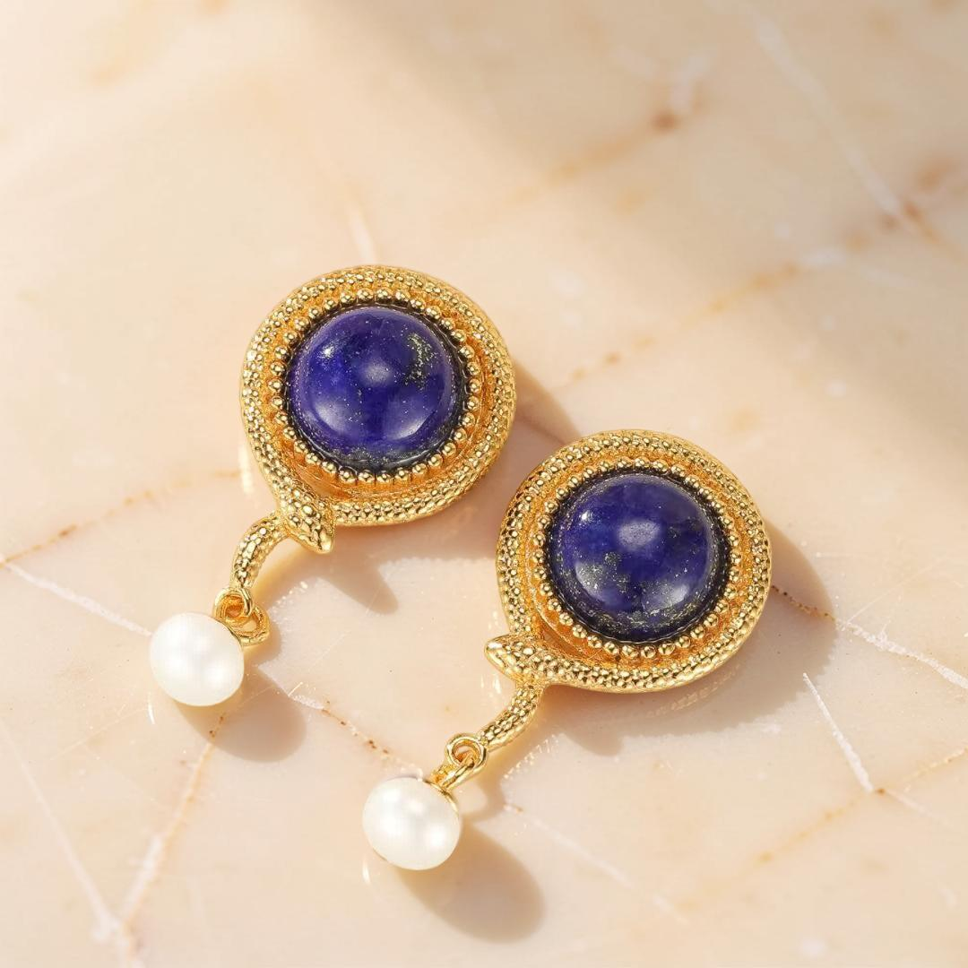 Boucles d’Oreilles Lapis Lazuli Serpent – Perle Lumineuse, Argent Plaqué Or