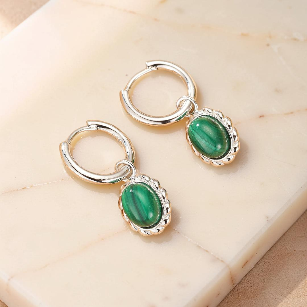 Boucles d’oreilles Malachite – Charme Ovale, Argent