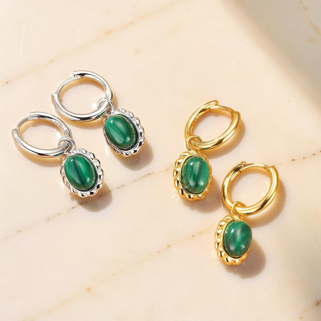 Boucles d’oreilles Malachite – Charme Ovale, Argent