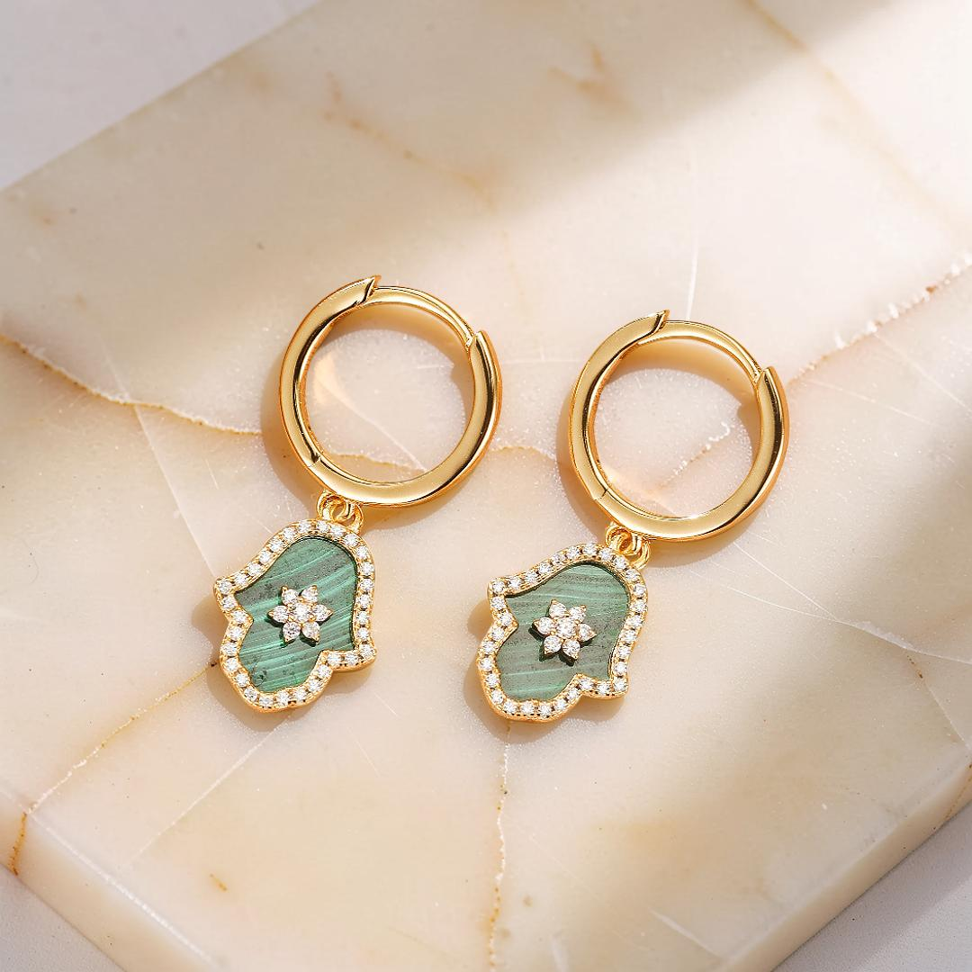 Boucles d’oreilles Malachite – Main de Fatma Étoilée, Argent Plaqué Or