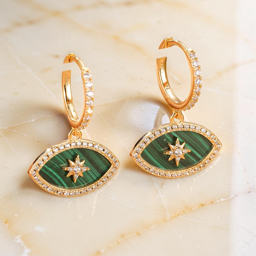 Boucles d’oreilles Malachite – Regard Solaire, Argent Plaqué Or