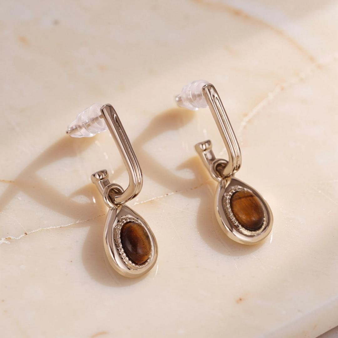 Boucles d'Oreilles Œil de Tigre – Charme Exotique, Plaqué Or