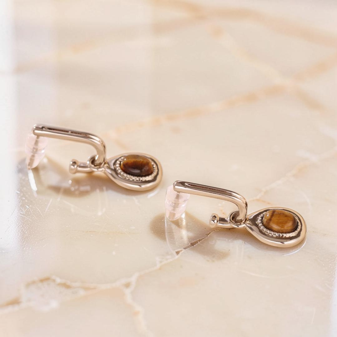 Boucles d'Oreilles Œil de Tigre – Charme Exotique, Plaqué Or