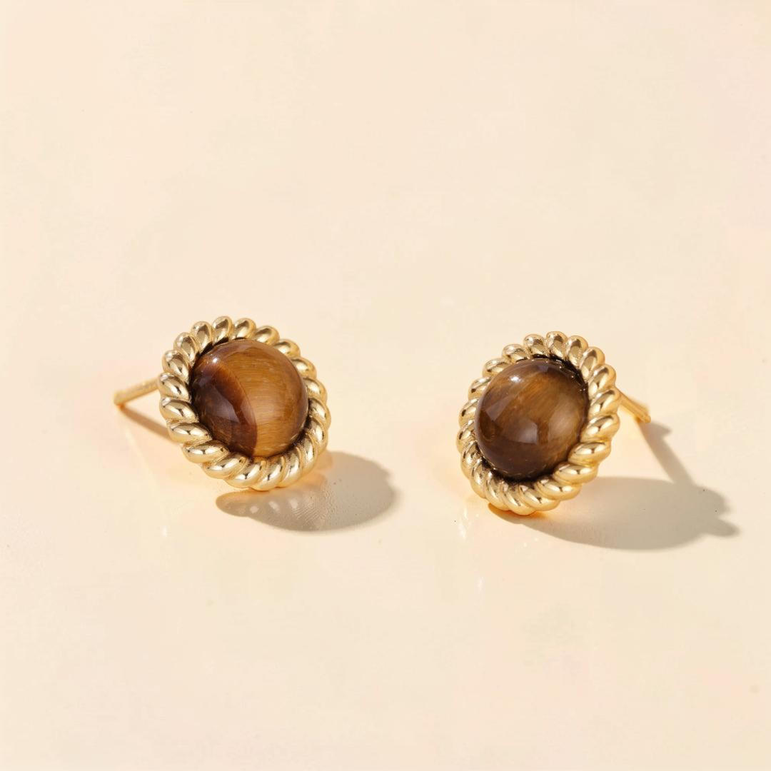 Boucles d'Oreilles Œil de Tigre – Éclat Captivant, Argent Plaqué Or