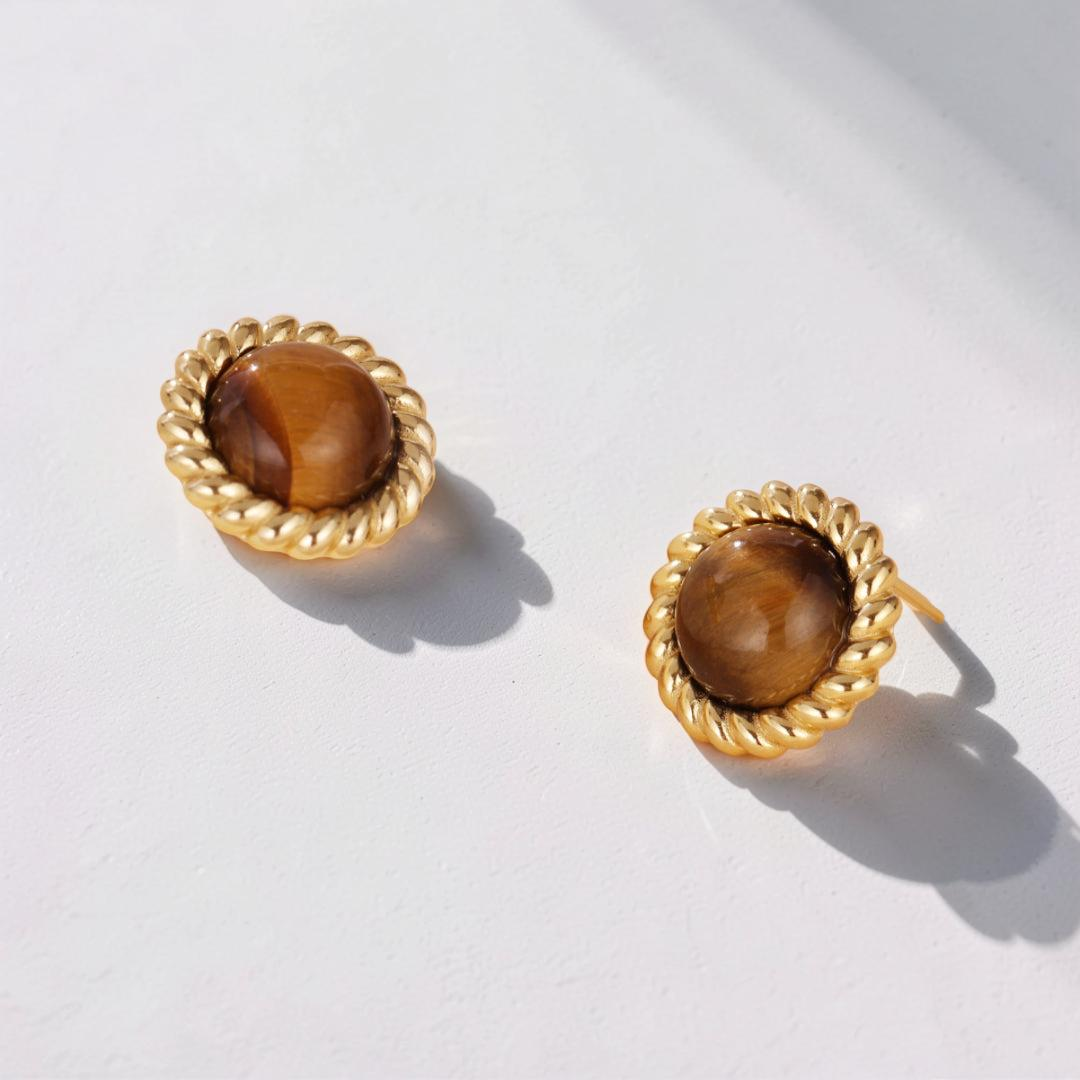 Boucles d'Oreilles Œil de Tigre – Éclat Captivant, Argent Plaqué Or