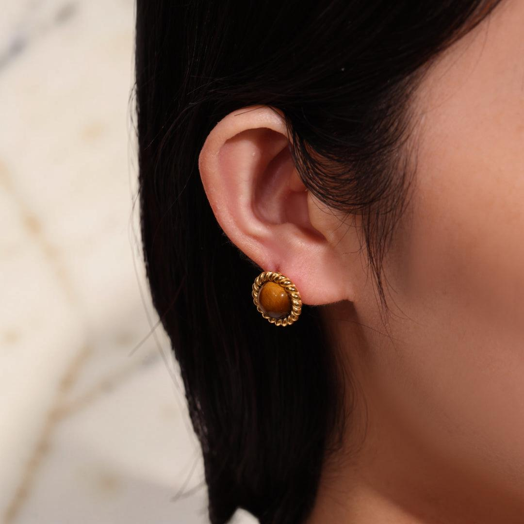 Boucles d'Oreilles Œil de Tigre – Éclat Captivant, Argent Plaqué Or