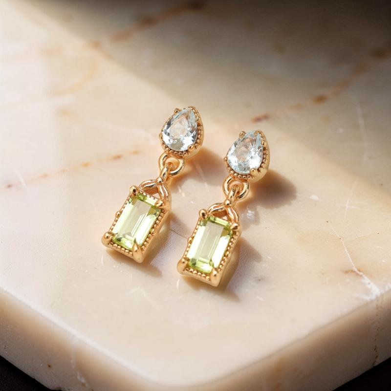 Boucles d'Oreilles Péridot et Topaze – Géométrie Raffinée, Argent Plaqué Or