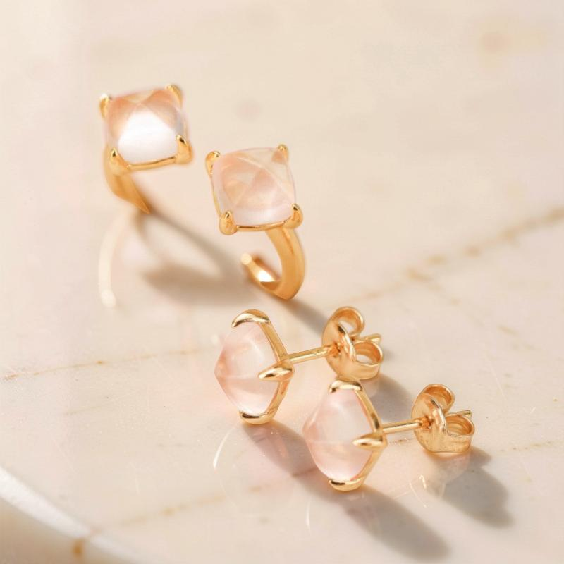 Boucles d'Oreilles Quartz Rose – Éclat Divin, Argent Plaqué Or