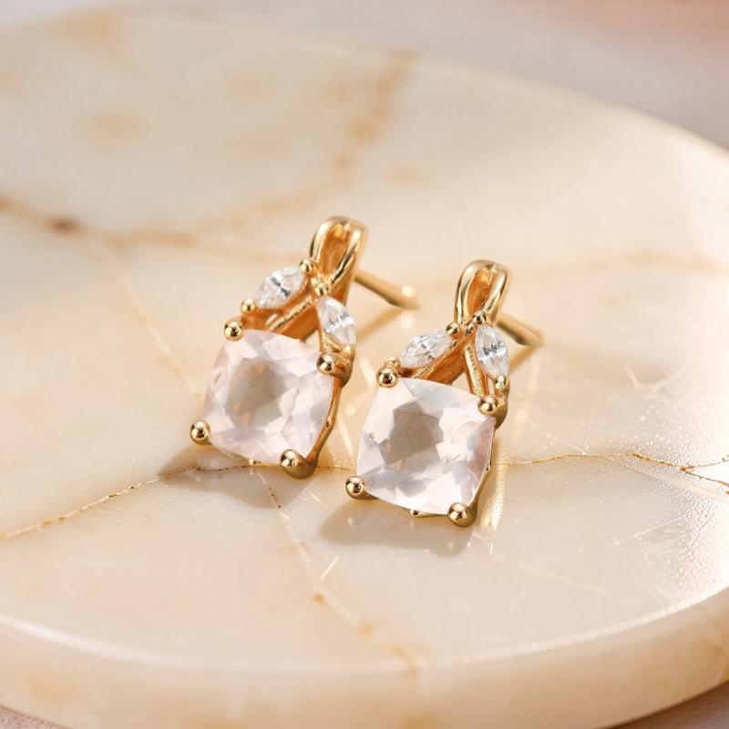Boucles d'Oreilles Quartz Rose – Élégant Feuillu, Argent Plaqué Or