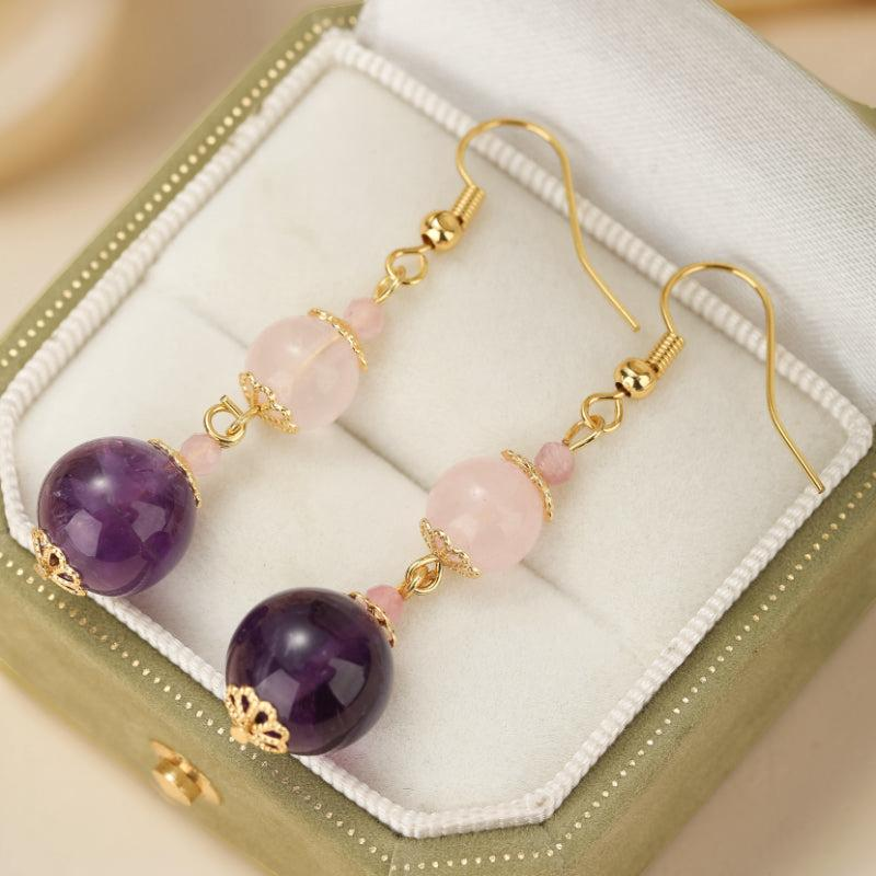 Boucles d'Oreilles Quartz Rose et Améthyste – Plongée Ether